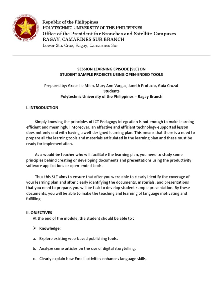 Sle (TTL2) Student Sample Projects Using Open-Ended Tools | PDF ...
