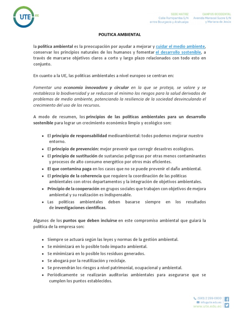 Ejemplo de Política Ambiental ISO 14001 | PDF | Sustentabilidad ...