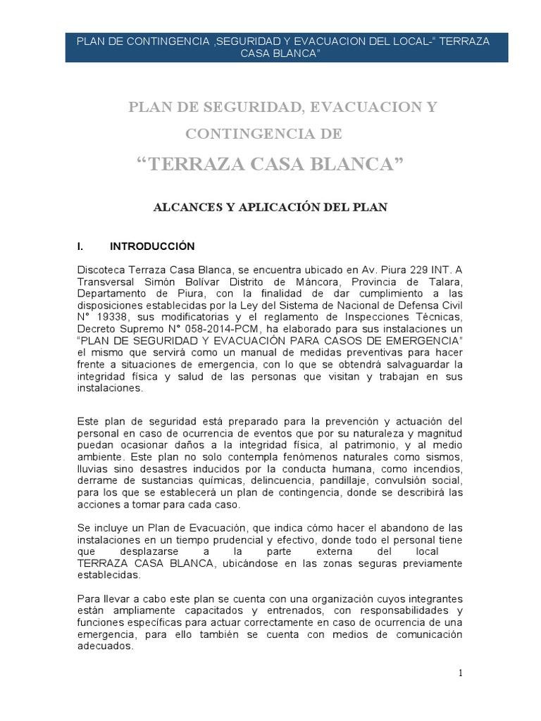 Plan de Seguridad y Evacuación Casa Blanca | PDF | Defensa Civil | Riesgo
