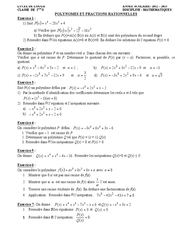 Exercices de Maths pour 2nde S | PDF | Polynôme | Zéro d'une fonction