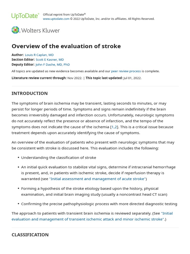 Overview of The Evaluation of Stroke UpToDate PDF Stroke Ischemia