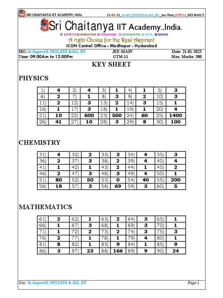 JEE Main 2023 Key & Solutions - Sri Chaitanya | PDF | Mole (Unit) | Acid