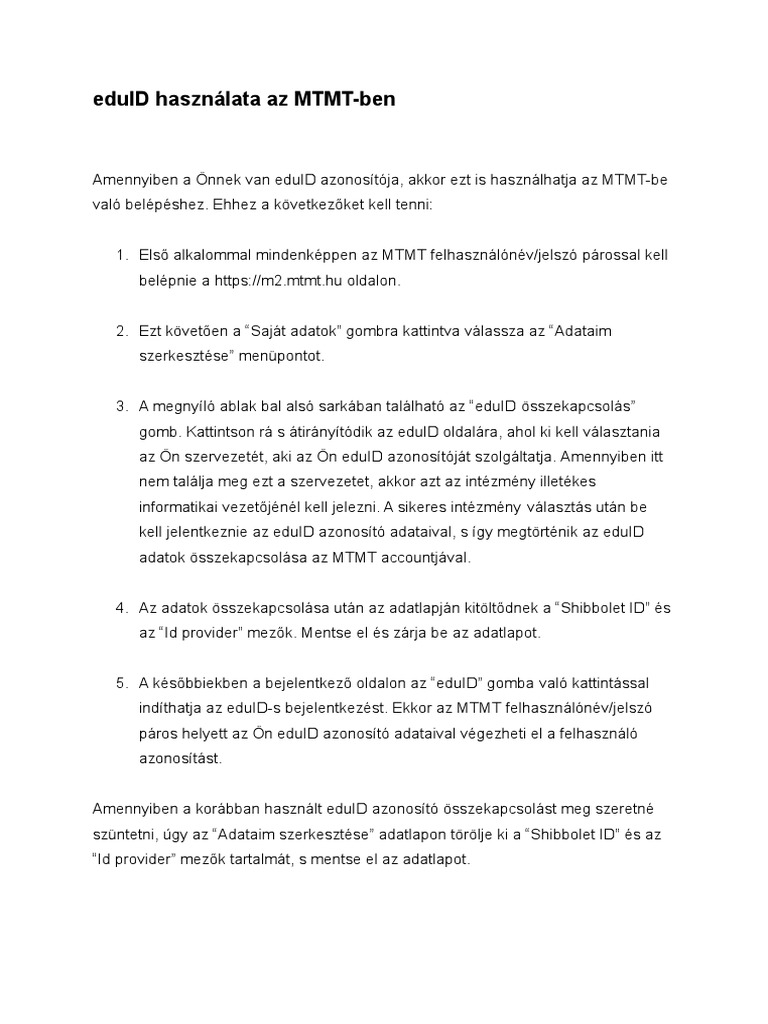 Eduid Hasznalata Az Mtmt-Ben | PDF