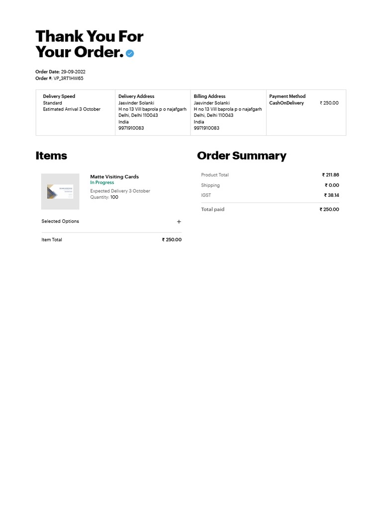 VistaPrint Order Details PDF