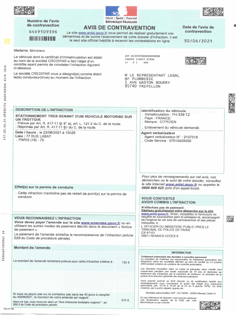 Avis de Contravention N°6469109396 | PDF