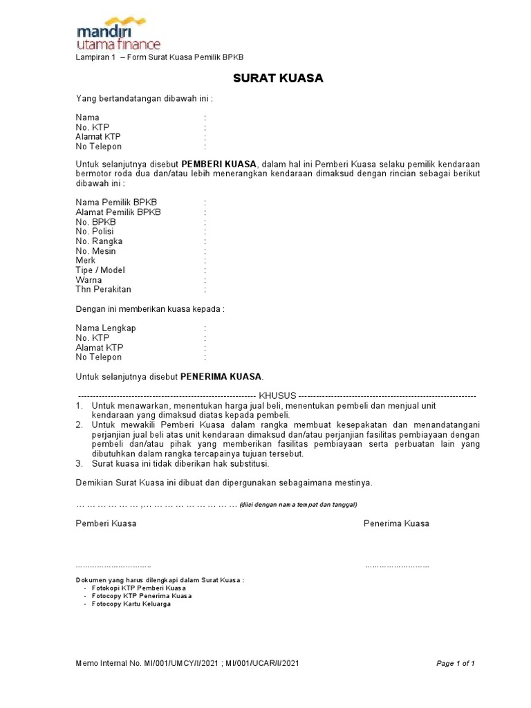 Lampiran 1 - Form Surat Kuasa Pemilik BPKB | PDF