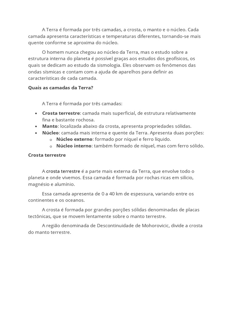 As Três Camadas Da Terra Crosta Manto E Núcleo Pdf Terra Crosta