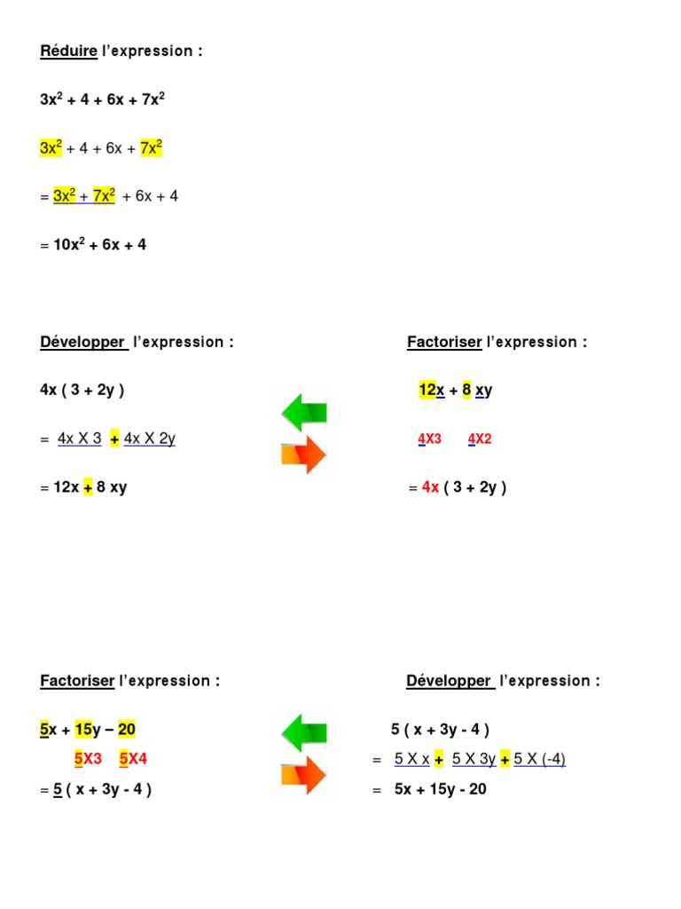 Réduction et développement d'expressions mathématiques | PDF