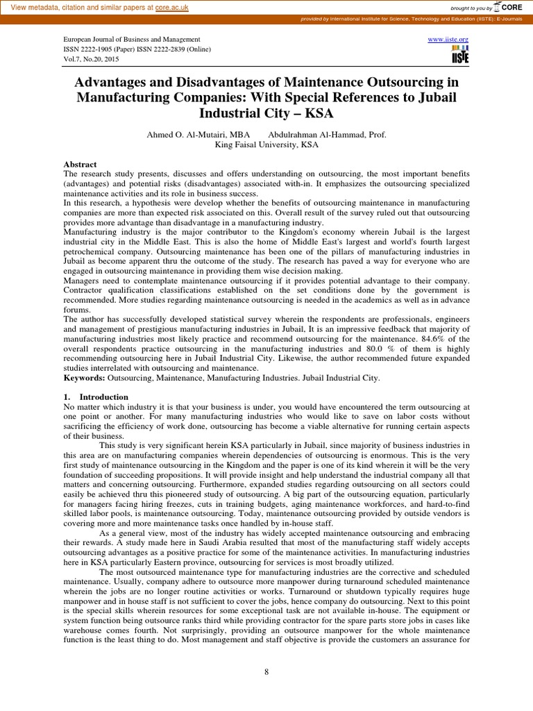 Advantages and Disadvantages of Maintenance Outsourcing in