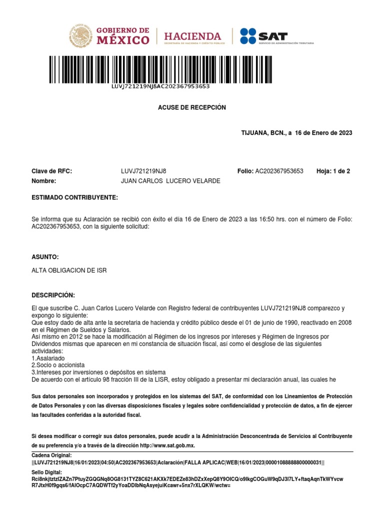 Acuse de Aclaración JCLV | PDF | Privacidad de la información | Gobierno