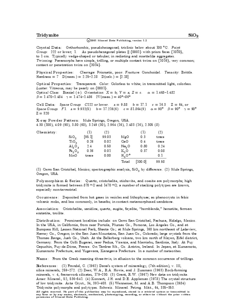Tridymite PDF Minerals Nature