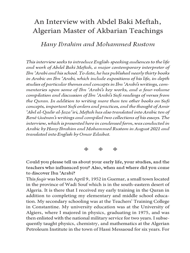 An Interview With Abdel Baki Meftah. Mohamed Rustom | PDF | Sufism | Quran
