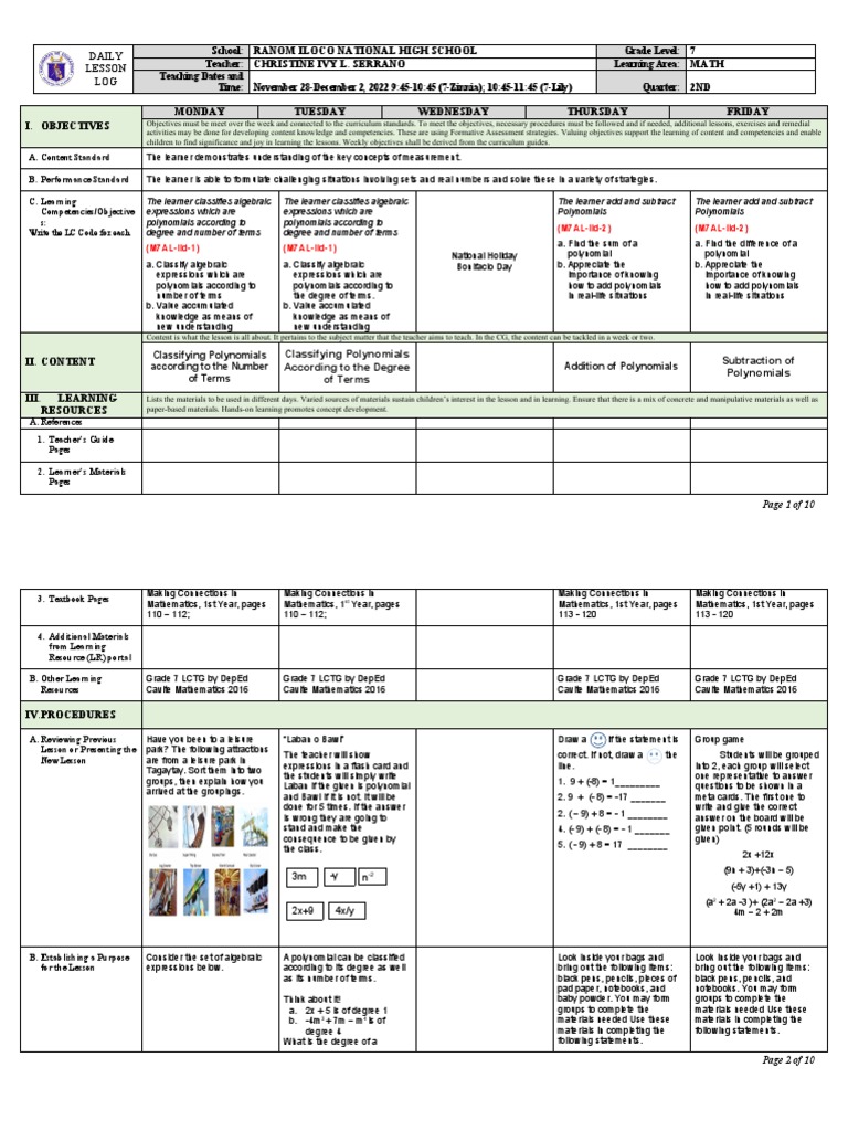 Grade 7 Math Lesson Log: Week 4 | PDF | Polynomial | Numerical Analysis