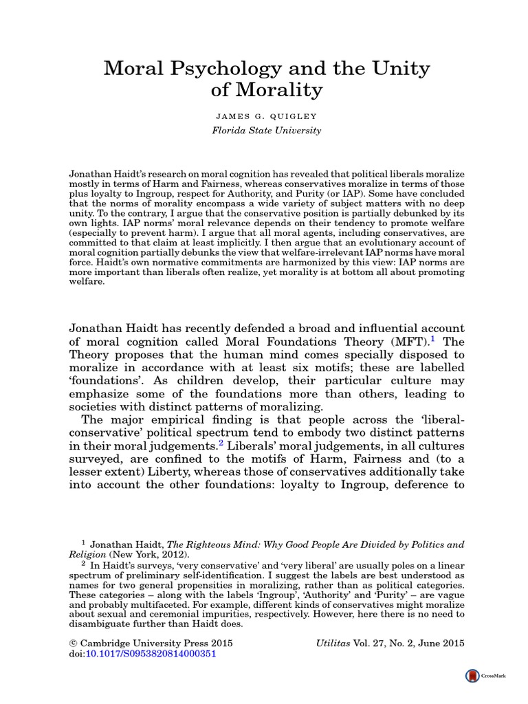 Moral Psychology and The Unity of Morality PDF Morality Reason