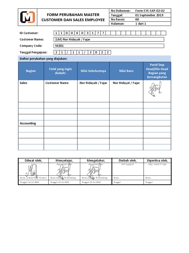 Perubahan Data Customer & Sales | PDF