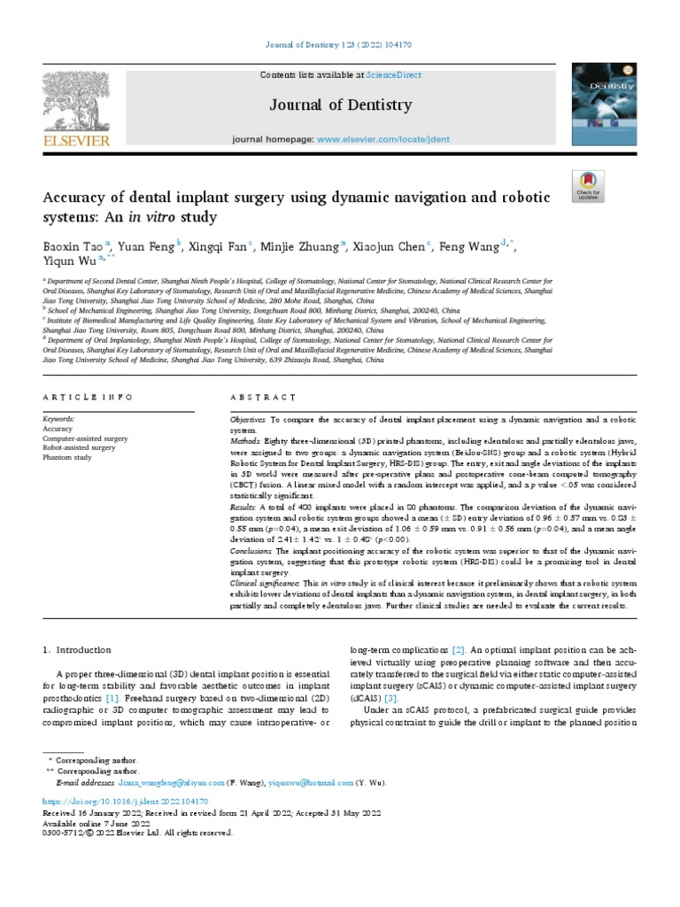 Accuracy of Dental Implant Surgery Using Dynamic Navigation and Robotic ...