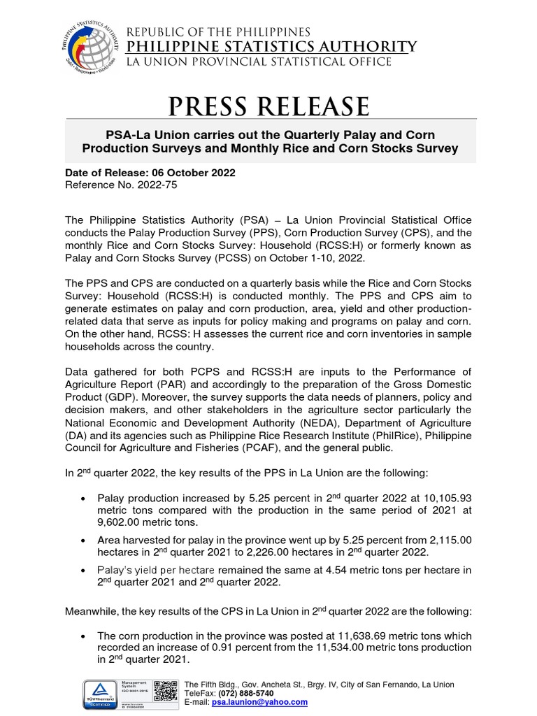 Press Release - PSA-La Union Carries Out The Quarterly Palay and Corn ...