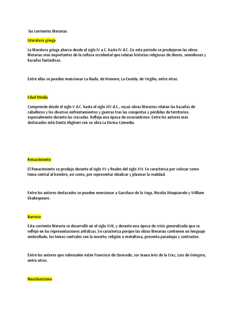Principales corrientes literarias | PDF | Vanguardia | Romanticismo