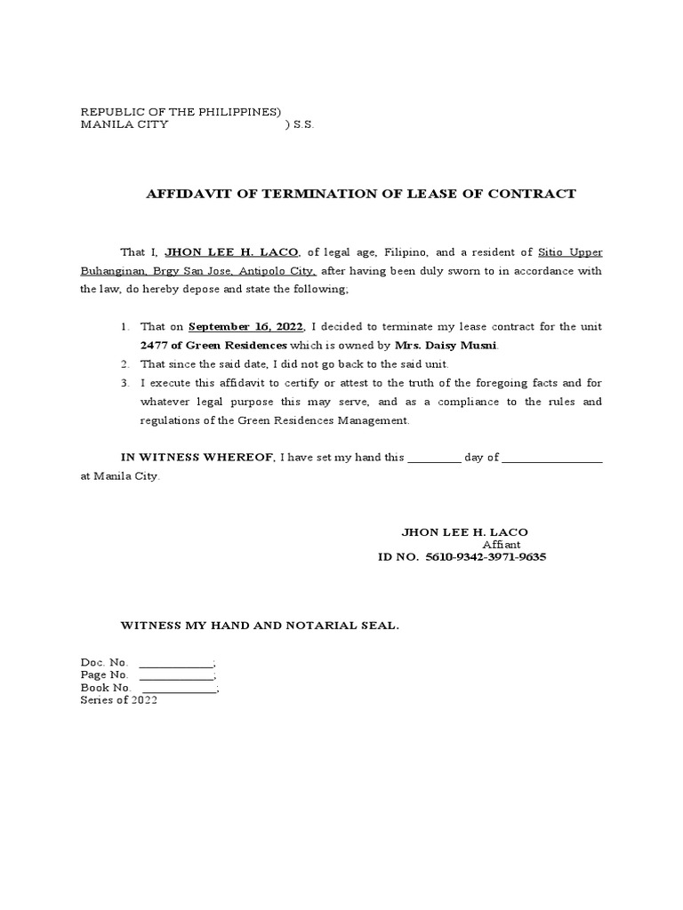 Lease Termination Affidavit | PDF | Law
