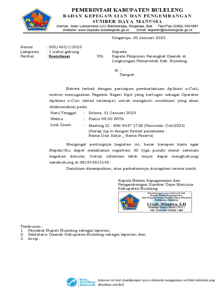Surat Undangan Sosialisasi Aplikasi E Cuti 30 Januari 2023 Pdf