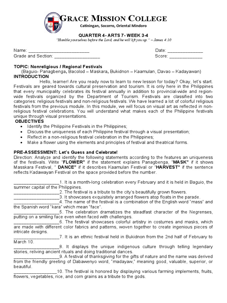 Arts 7 Week 3-4 | PDF | Festival | Rubric (Academic)