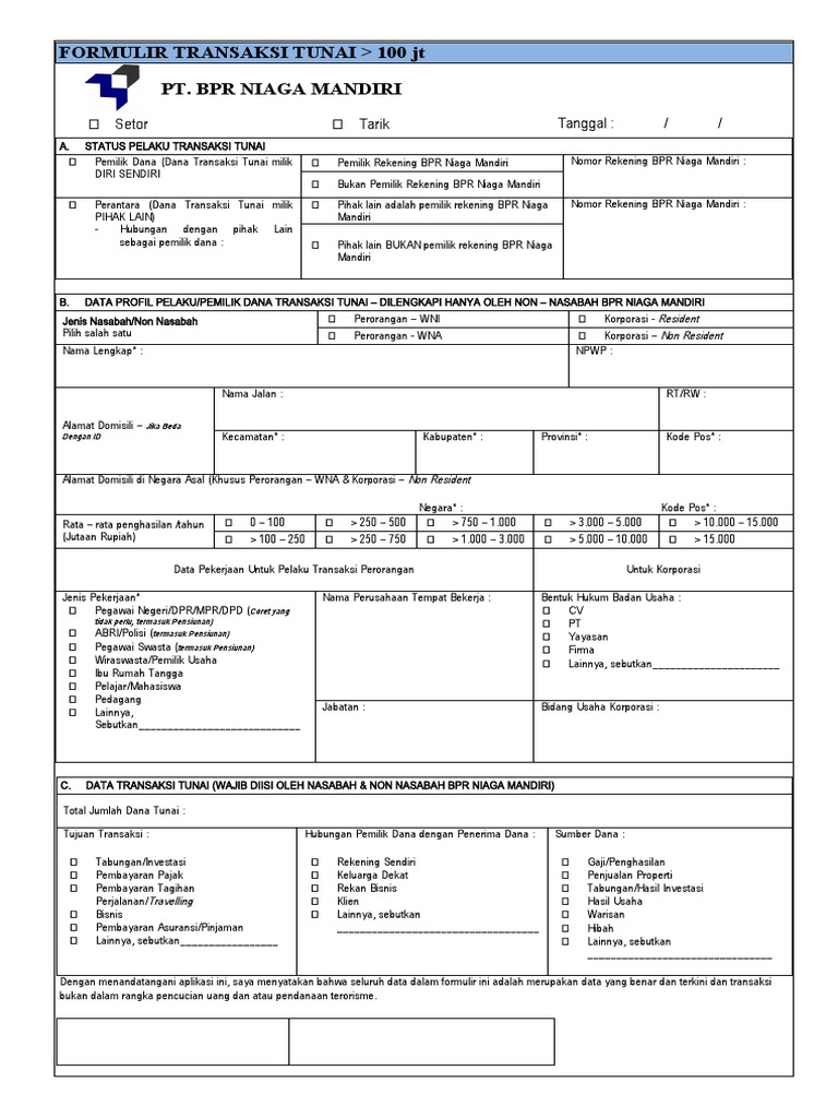 Formulir Transaksi Tunai di BPR Niaga | PDF | Pengelolaan Keuangan & Uang