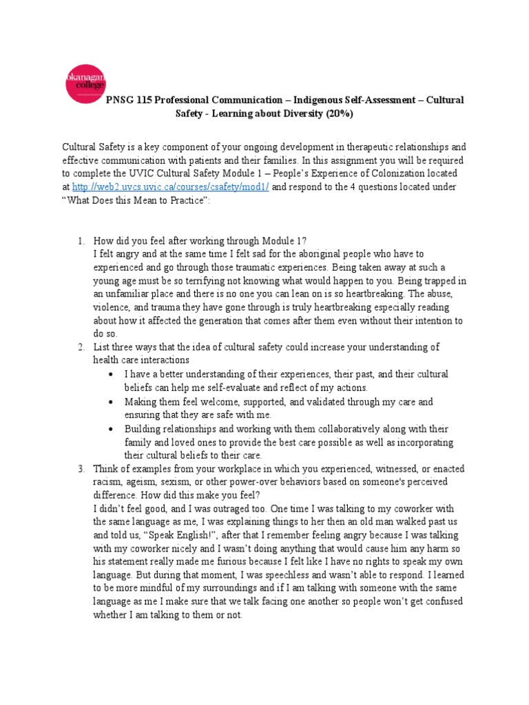 115 Cultural Safety Module and SelfEvaluation Assignment 2020 1 PDF Métis Experience
