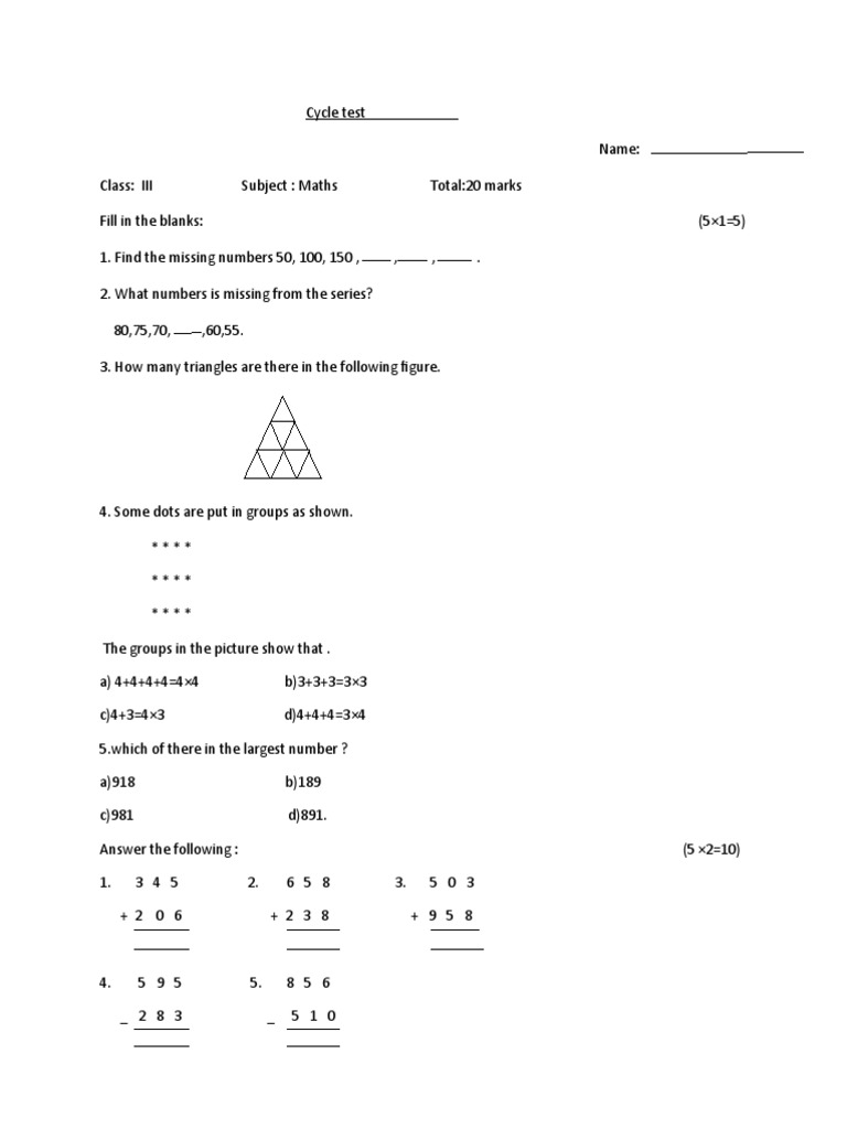 Class 3 maths cycle test pdf