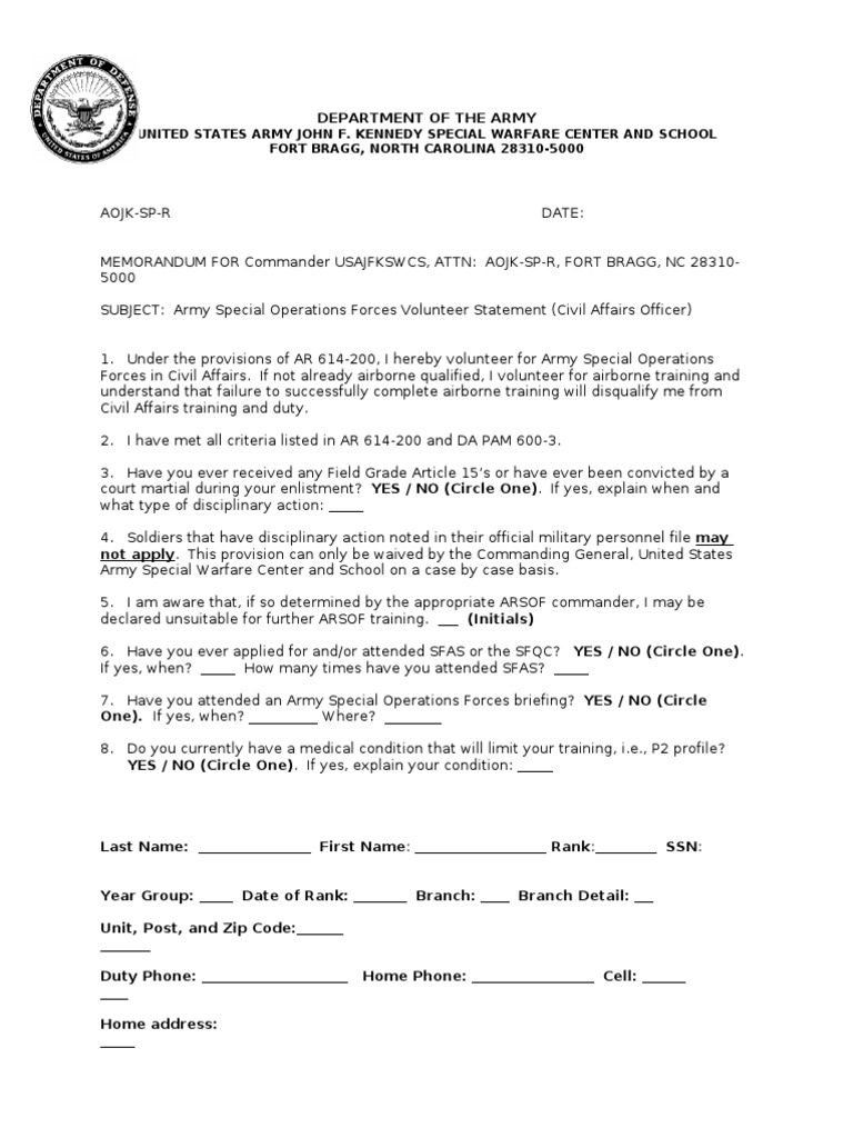 Army Special Operations Volunteer Form | PDF | Law