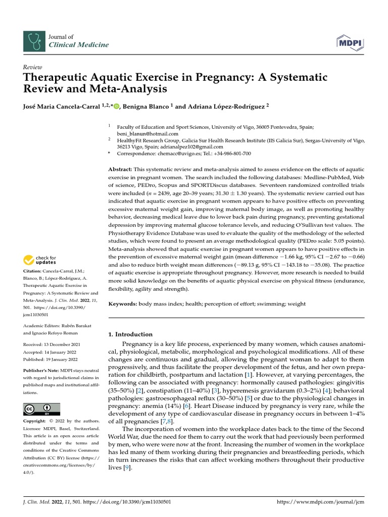 Therapeutic Aquatic Exercise in Pregnancy A Systematic Review and Meta