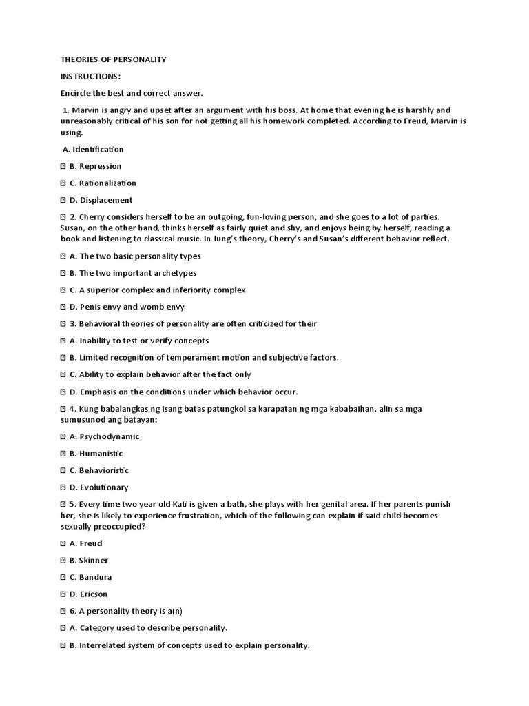 THEORIES OF PERSONALITY Exam PDF Extraversion And Introversion