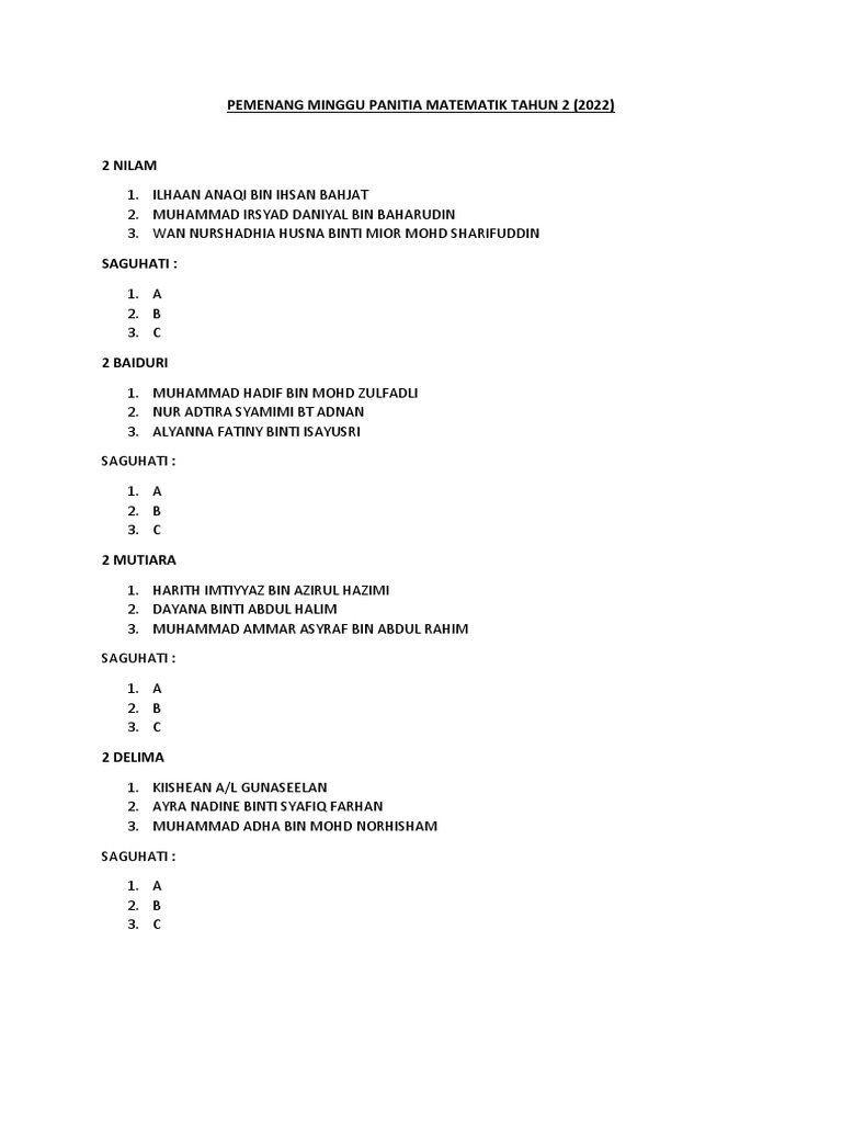 Pemenang Minggu Panitia Matematik Tahun 2 | PDF