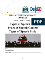 Types of Speech Act Types of Speech Context Types of Speech Style