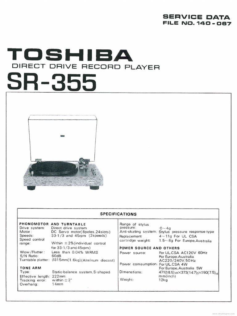 Aurex Toshiba Sr-355 Turntable Service Manual | PDF