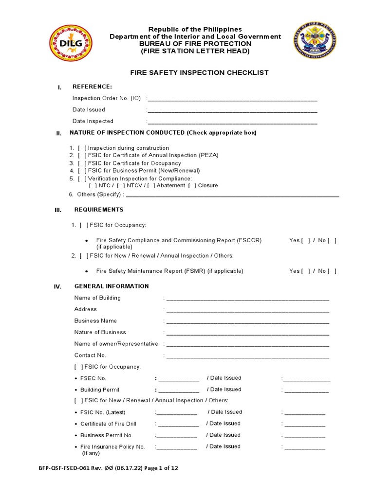 Fire Safety Inspection Checklist BFP | PDF | Stairs | Fire Sprinkler System