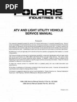 1996-1998 Polaris Service Manual | PDF | Vehicle Parts | Machines