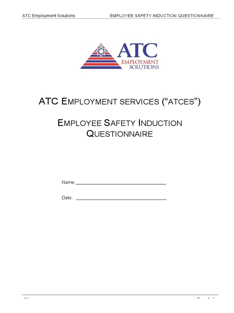 Employee Safety Induction Questionnaire PDF Occupational Safety And