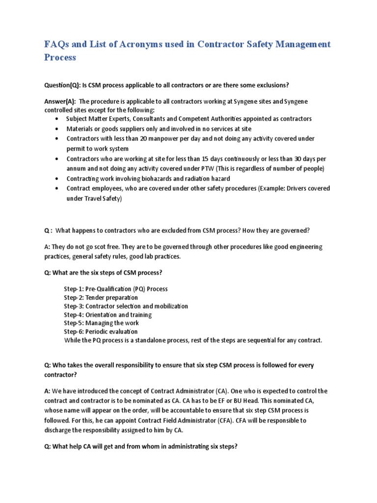 7-CSM FAQs and List of Acronyms Used in Contractor Safety Management ...