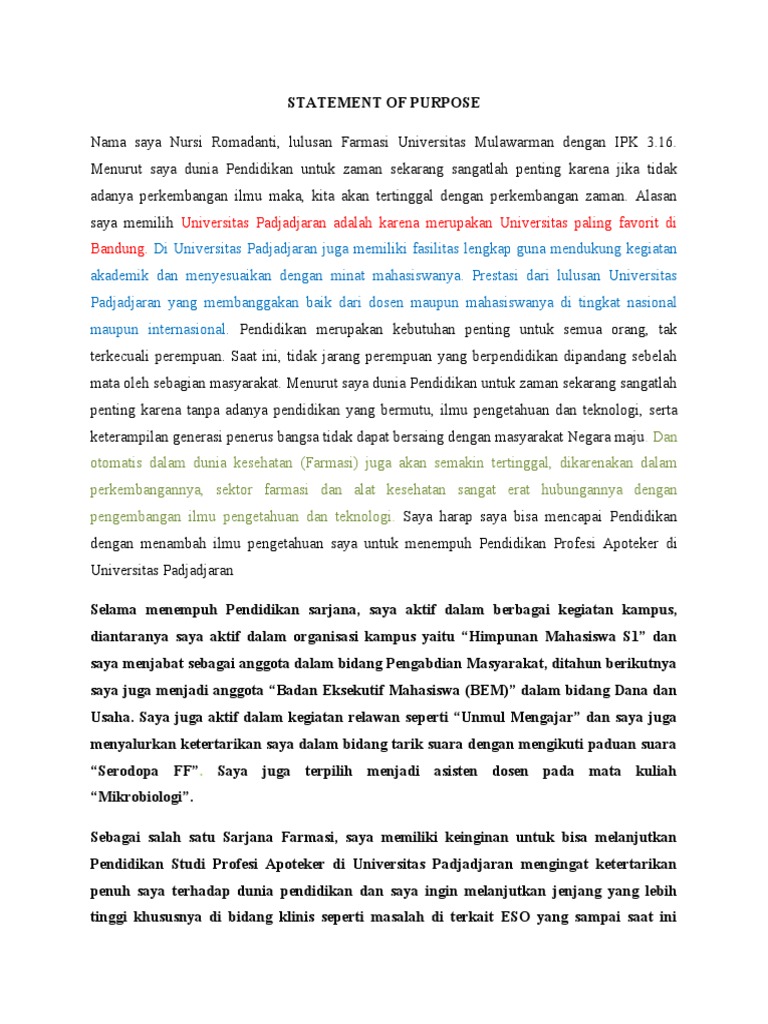Contoh Statement of Purpose S2 Unpad | PDF | Kesehatan Holistik | Sains ...