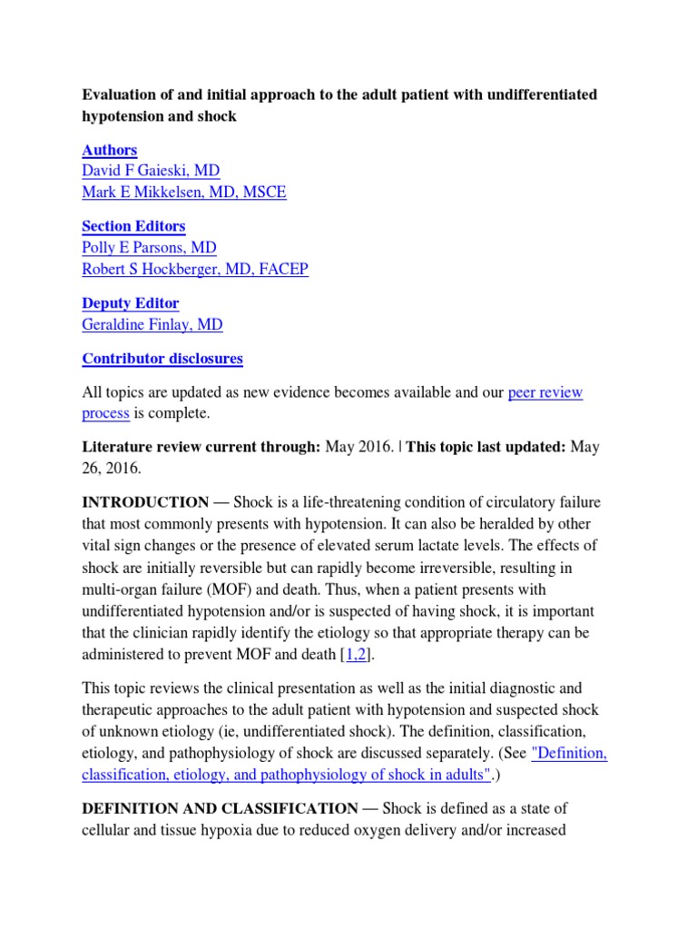 An Approach to the Undifferentiated Adult Patient with Hypotension and ...