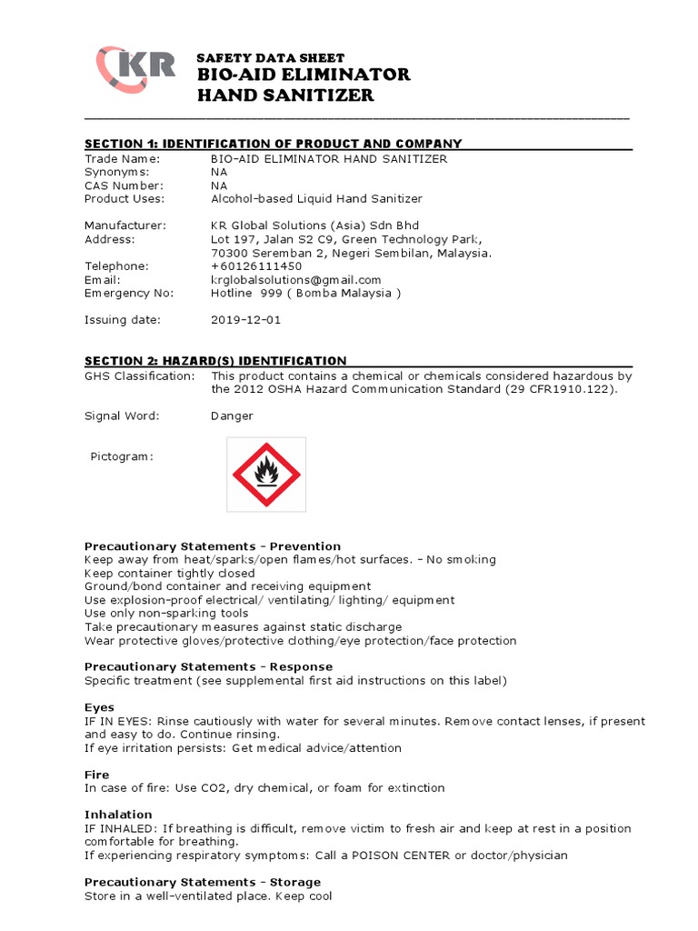 SDS Bio Aid Hand Sanitizer (Liquid) PDF Firefighting Toxicity