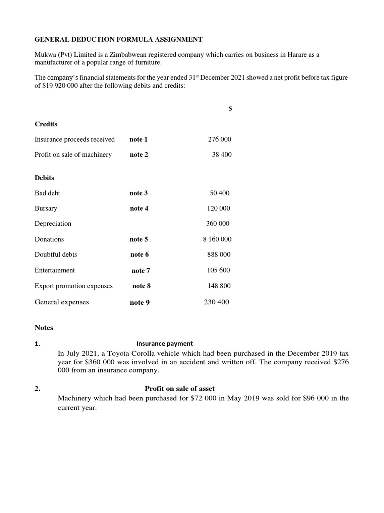 General Deduction Formula Assignment PDF