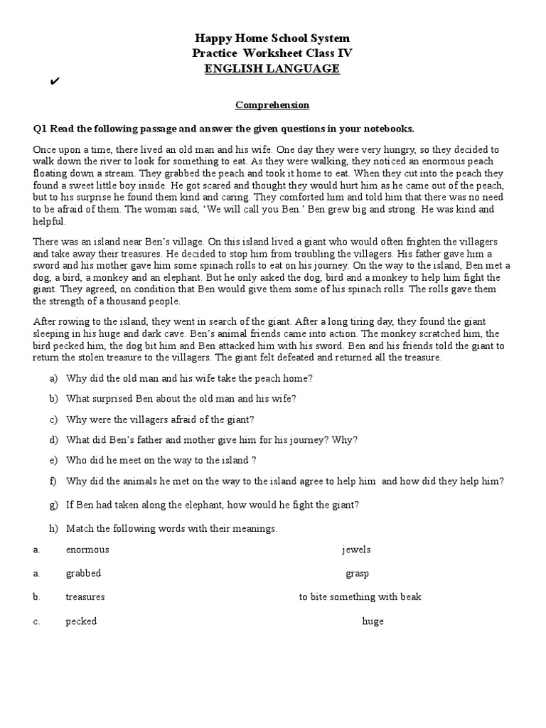 English Class IV Comprehension Worksheet PDF