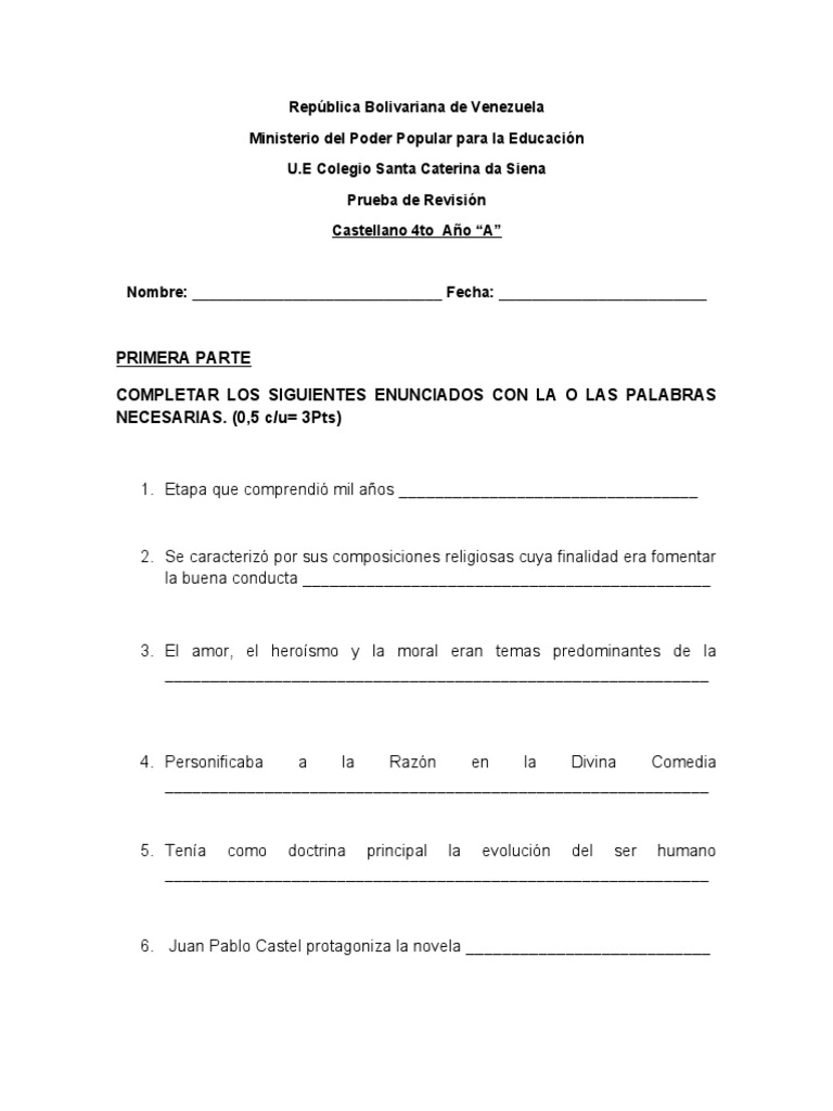 PRUEBA DE LAPSO 4to AÑO A | PDF