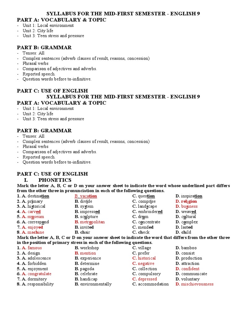 Syllabus For The Mid-First Term Test | PDF | English Language | Adverb
