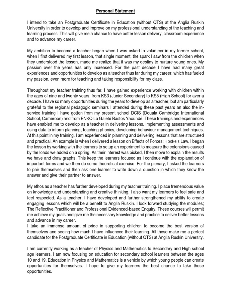 PGCE Personal Statement for Anglia Ruskin | PDF | Teachers | Learning