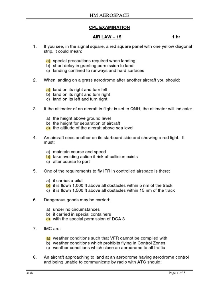 Air Law CPL 15 Questions PDF Instrument Flight Rules Visual