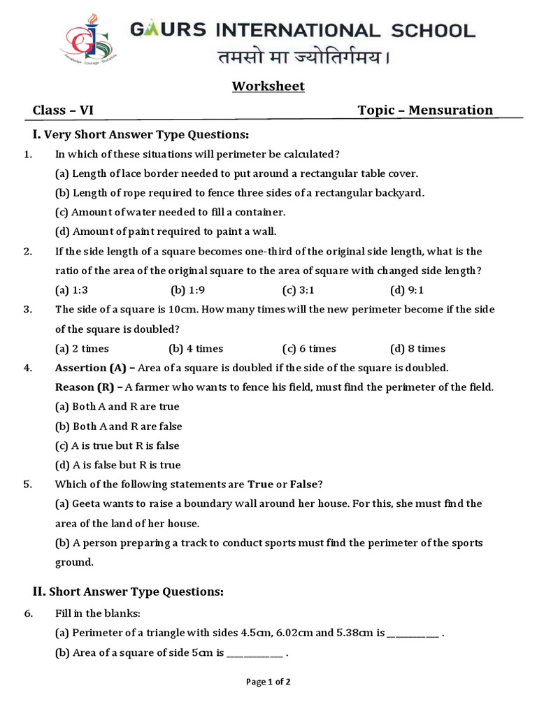 Mensuration Worksheet PDF Area Rectangle