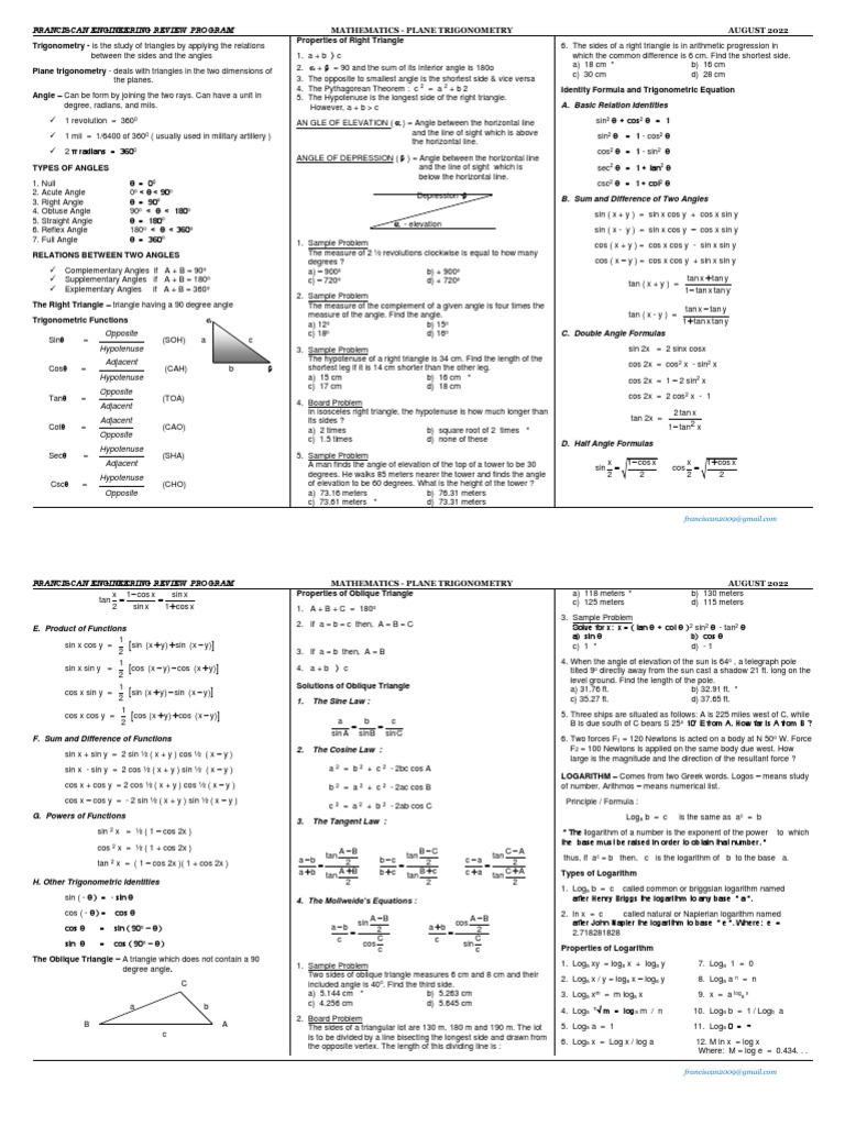 Plane Trigonometry Review Guide | PDF | Trigonometric Functions | Triangle