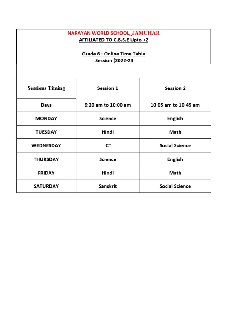 6 Online Class Schedule PDF
